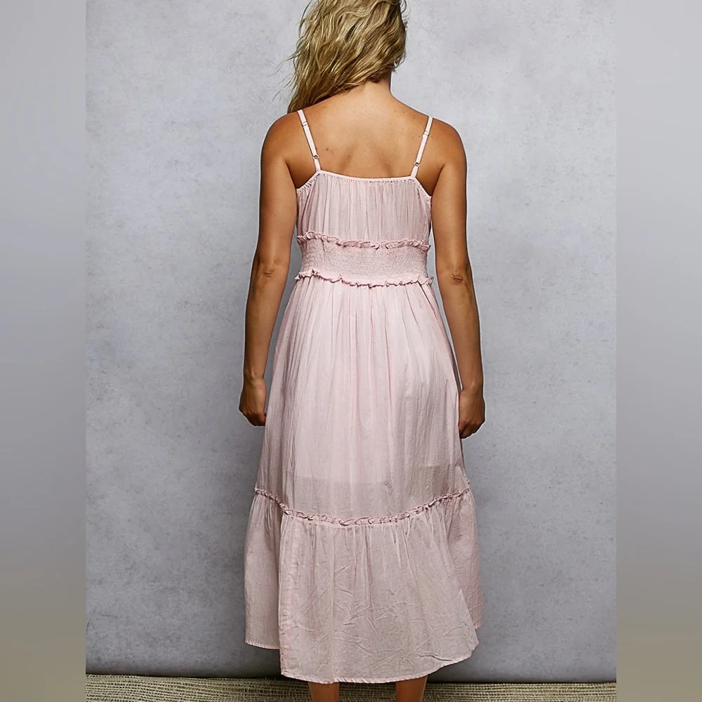 POL Boho Pink Smocked Cotton Midi Embroidered Dress NWT L  Festival Vacation - Picture 7 of 9